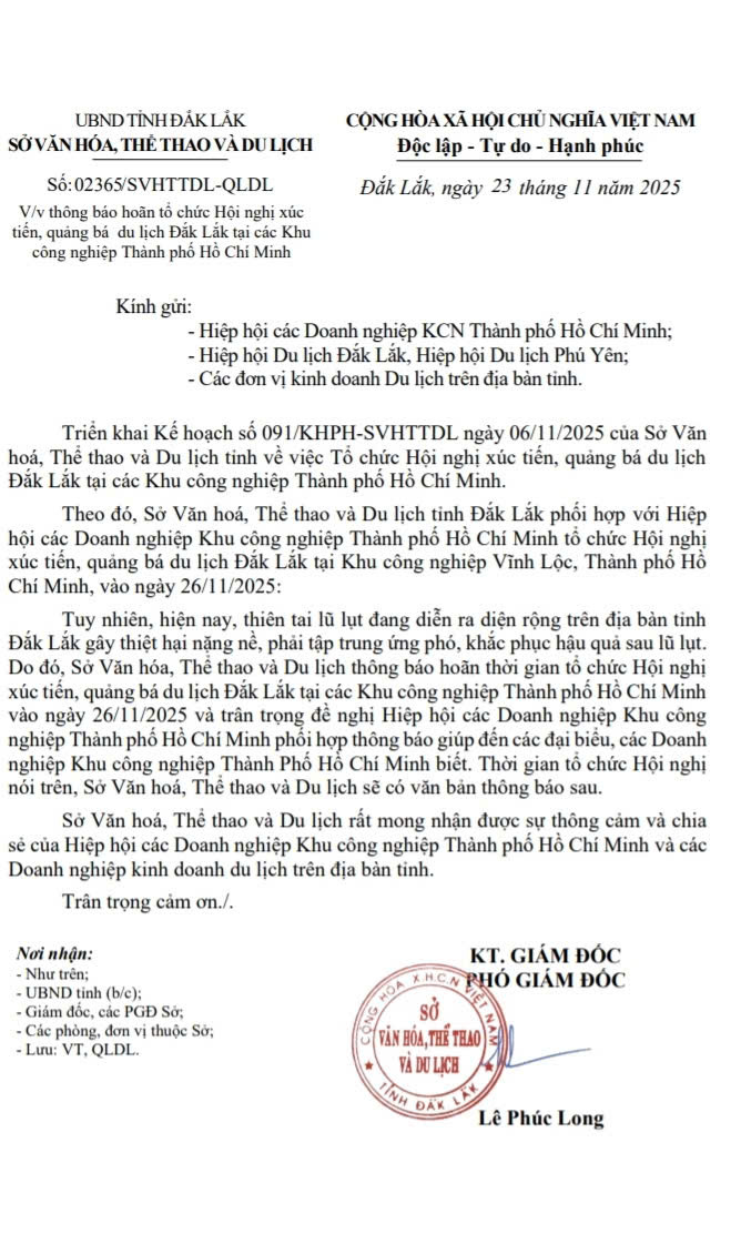 Thông báo hoãn tổ chức Hội nghị xúc tiến, quảng bá du lịch Đắk Lắk tại các Khu công nghiệp Thành phố Hồ Chí Minh